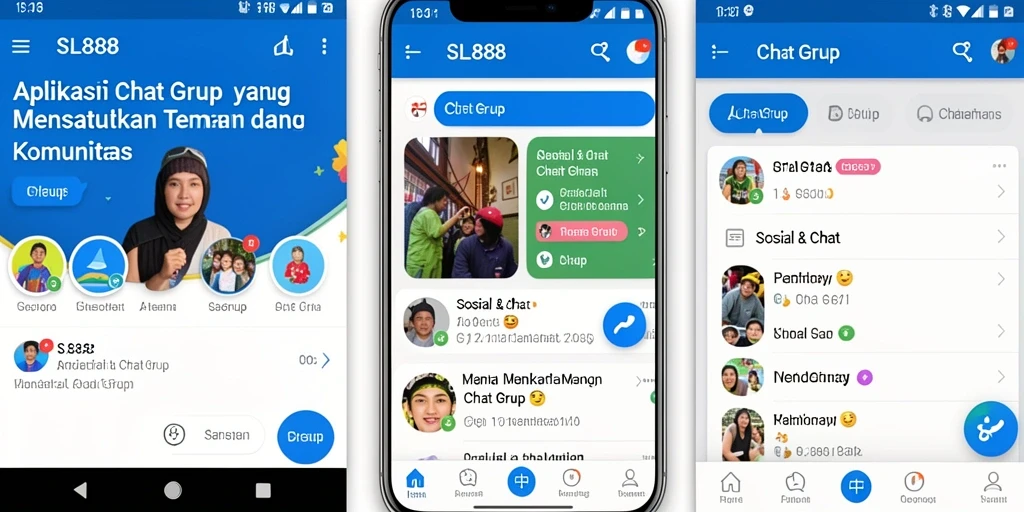 Antarmuka aplikasi SL888 dengan fitur Chat Grup yang menarik.